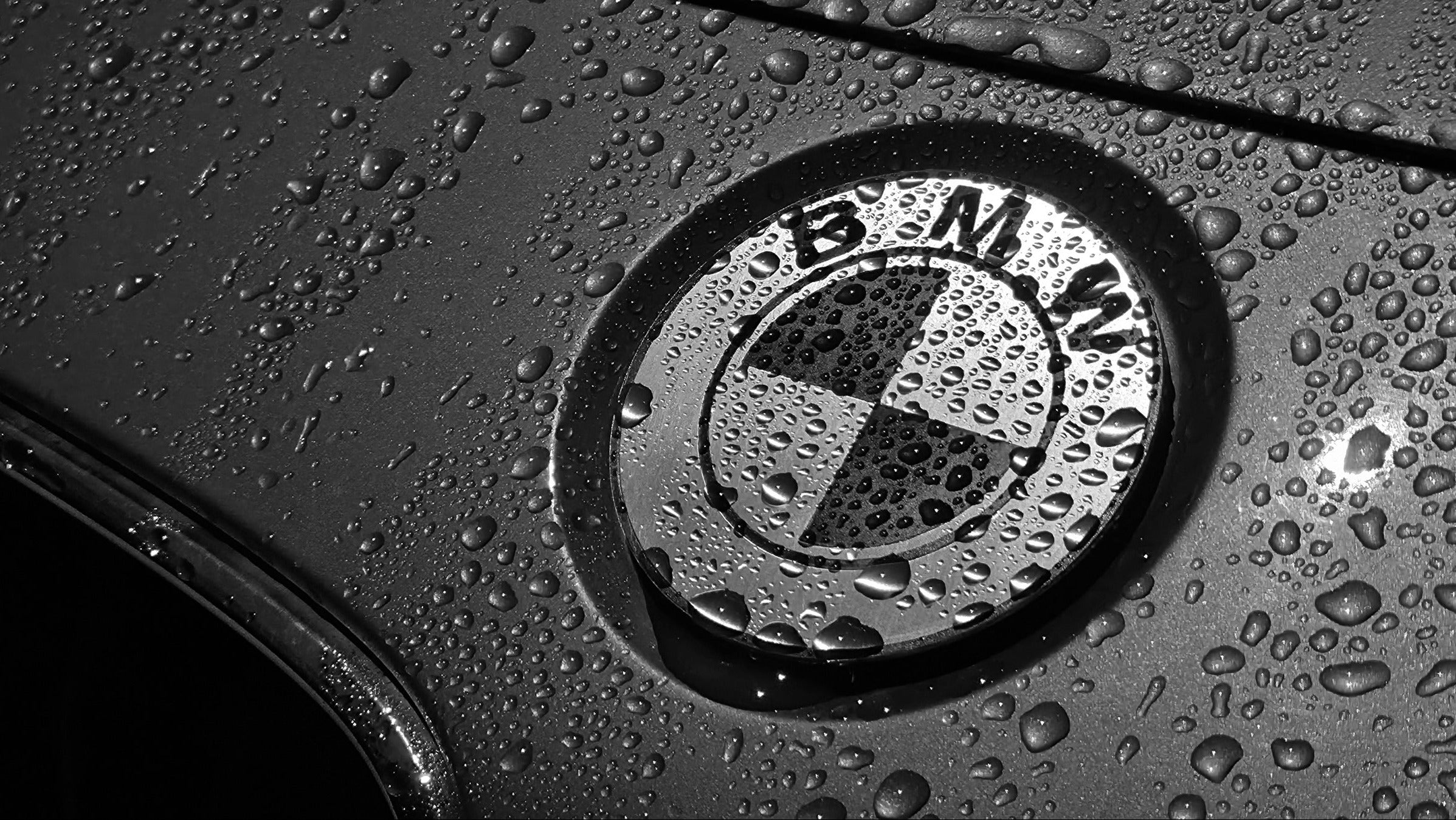 BMW logo on a car surface with water droplets